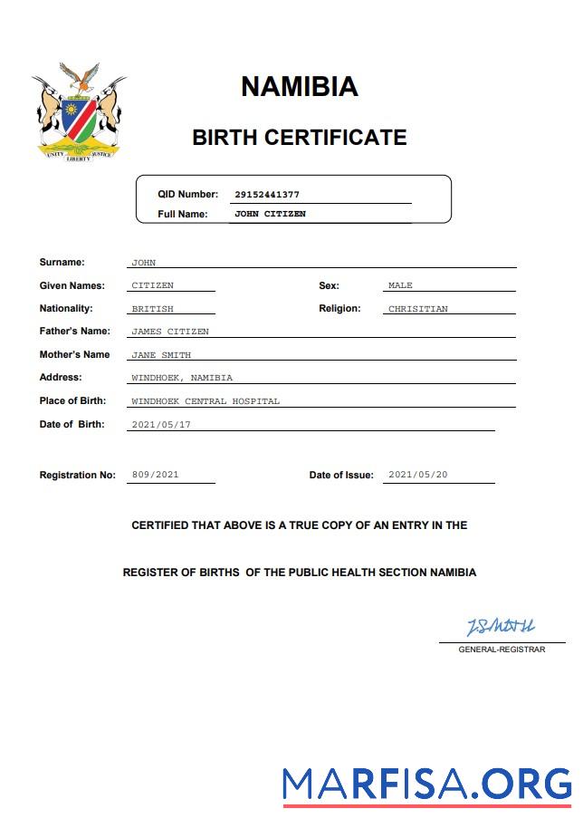 Downloadable Namibia birth certificate Word and PDF template